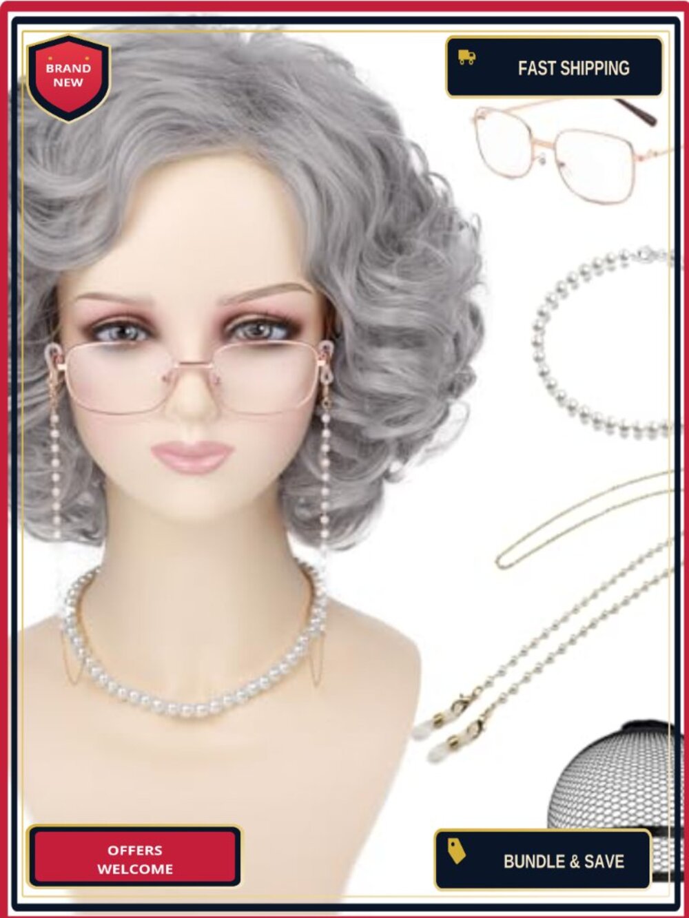 5pc Old Lady Wig Set Heat Resistant Curly Granny Costume Accessories